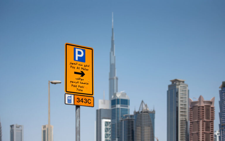 Sign For Paid Parking Zones In Dubai Parking Rates In Dubai 768x480 
